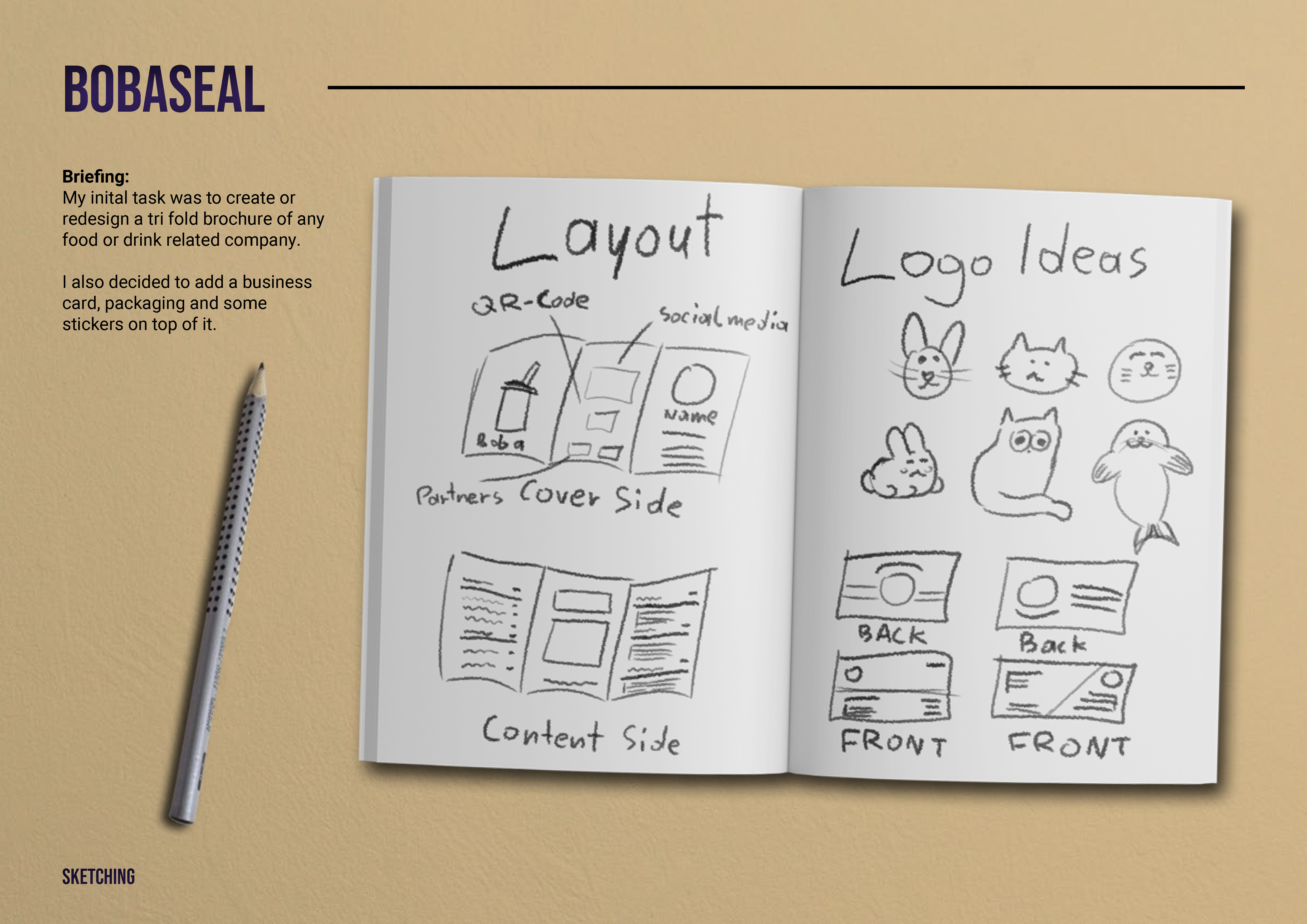Bobaseal briefing and sketchbook with logo and layout explorations