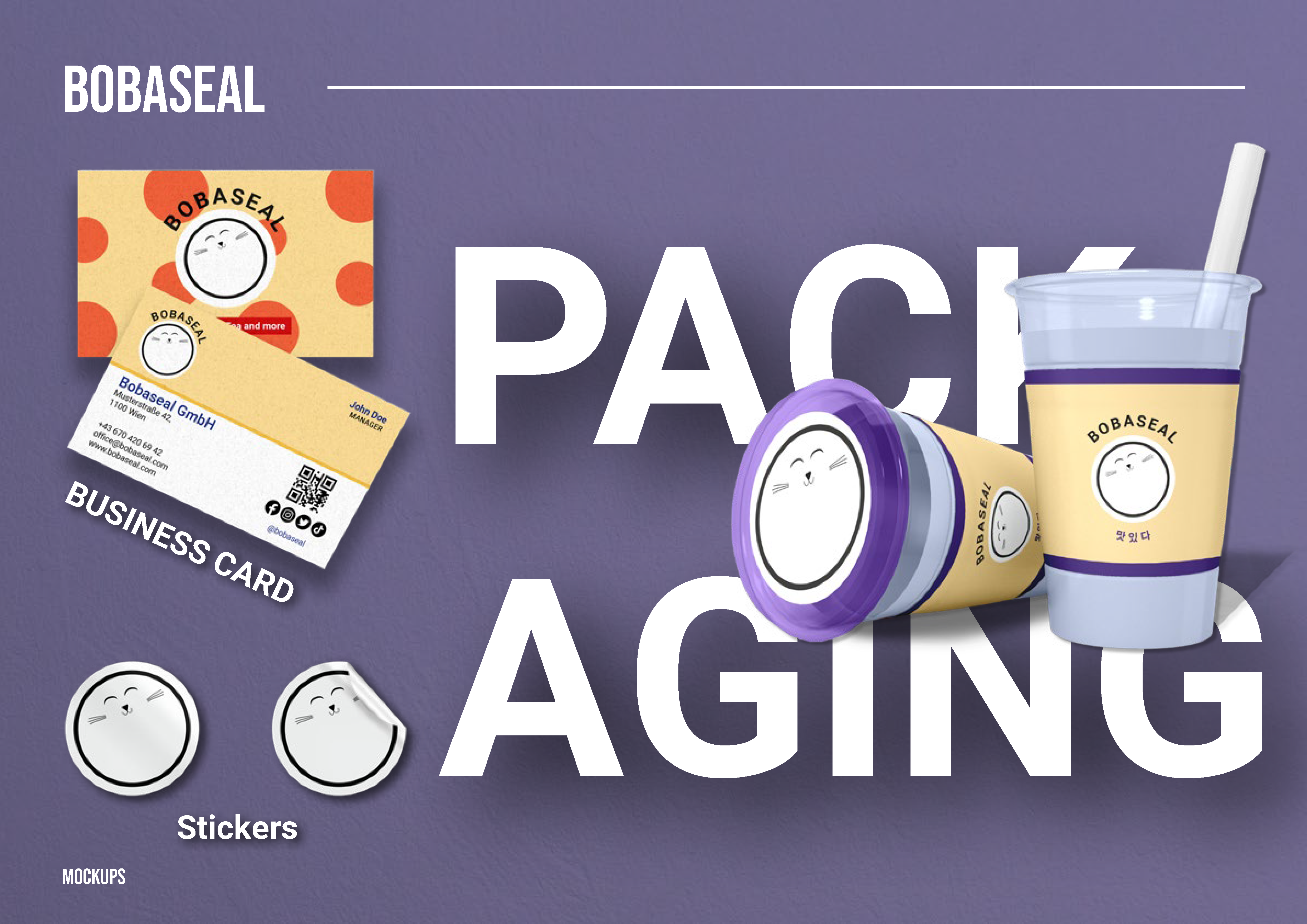 Bobaseal packaging mockups including cups, stickers, and business cards