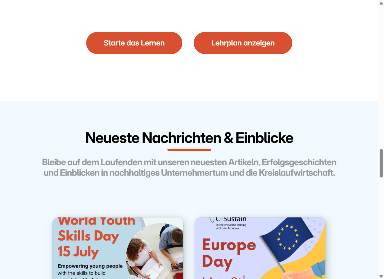 Latest news cards highlighting World Youth Skills Day, Europe Day, and Makeathons