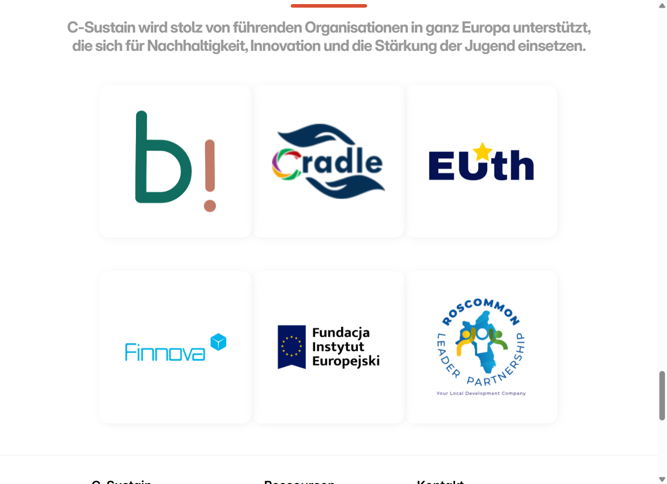 Partner logo grid including Bildungslab, Cradle, EUth, Finnova, and European Institute Foundation