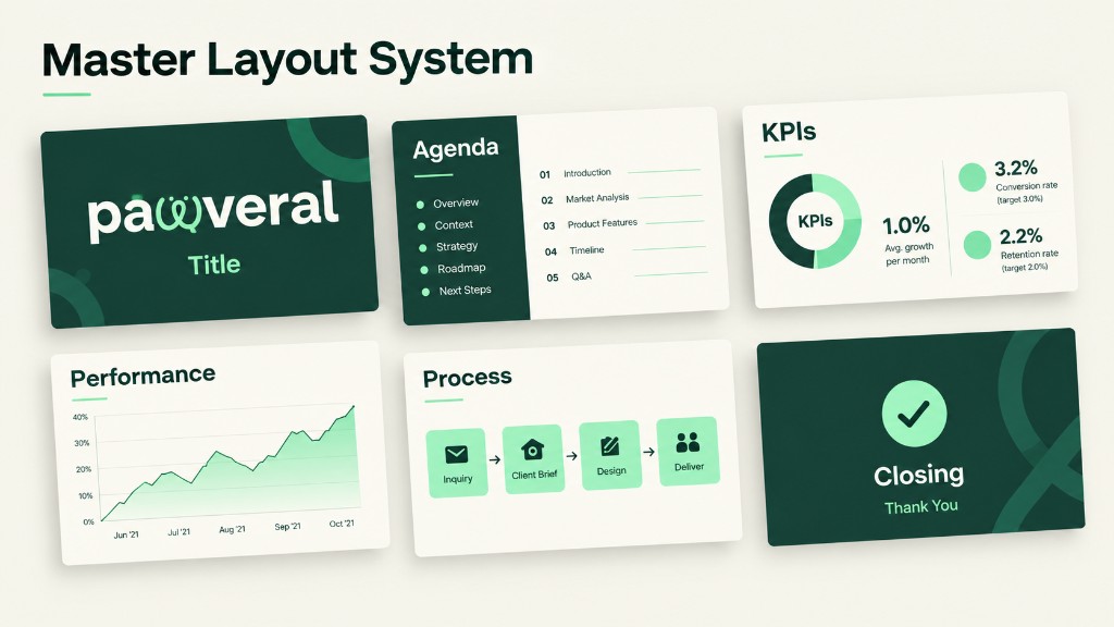 Master Layout System — six pawpatrol templates for title, agenda, KPIs, chart, process, and closing