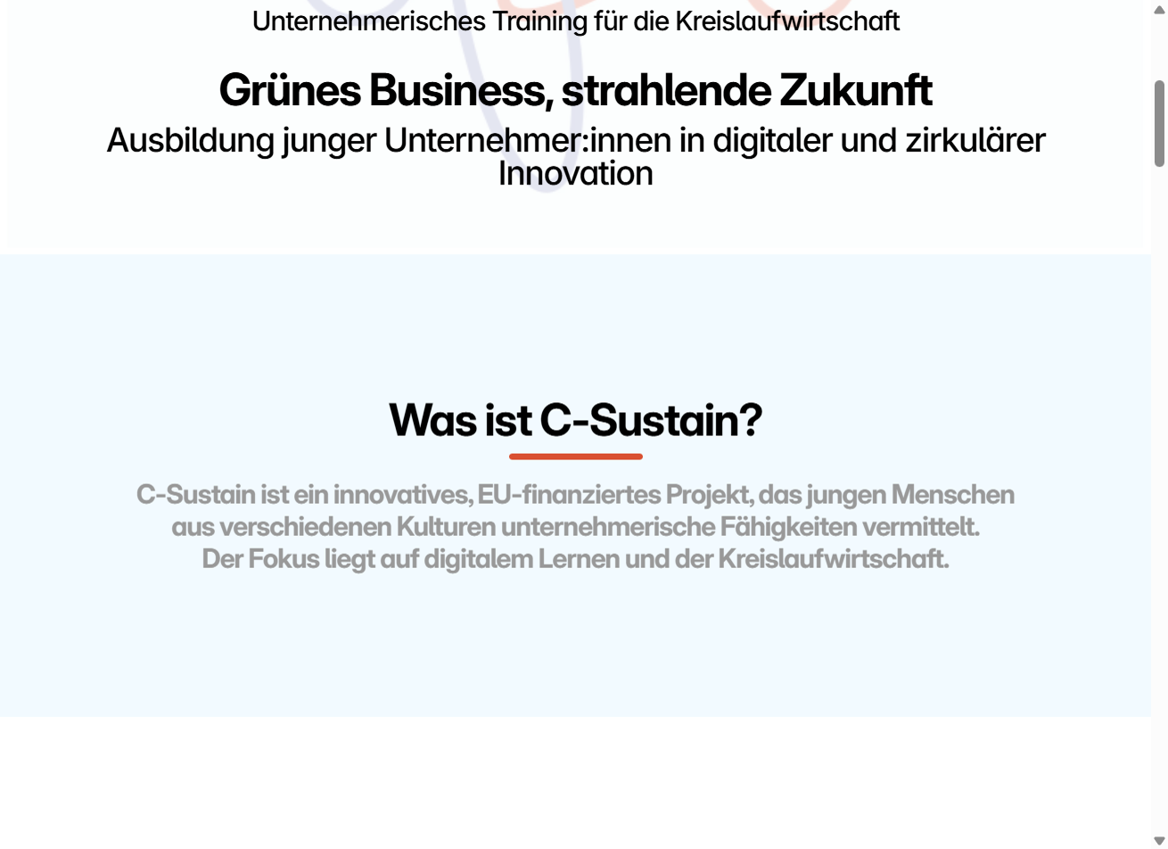 Intro section explaining C-Sustain as an EU-funded entrepreneurship and circular economy project