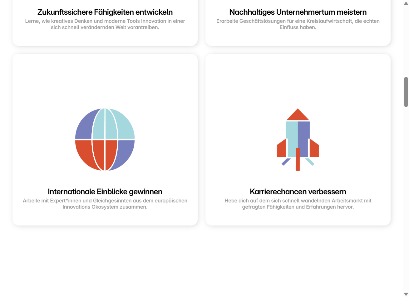 Four benefit cards covering skills, sustainable business, international collaboration, and careers